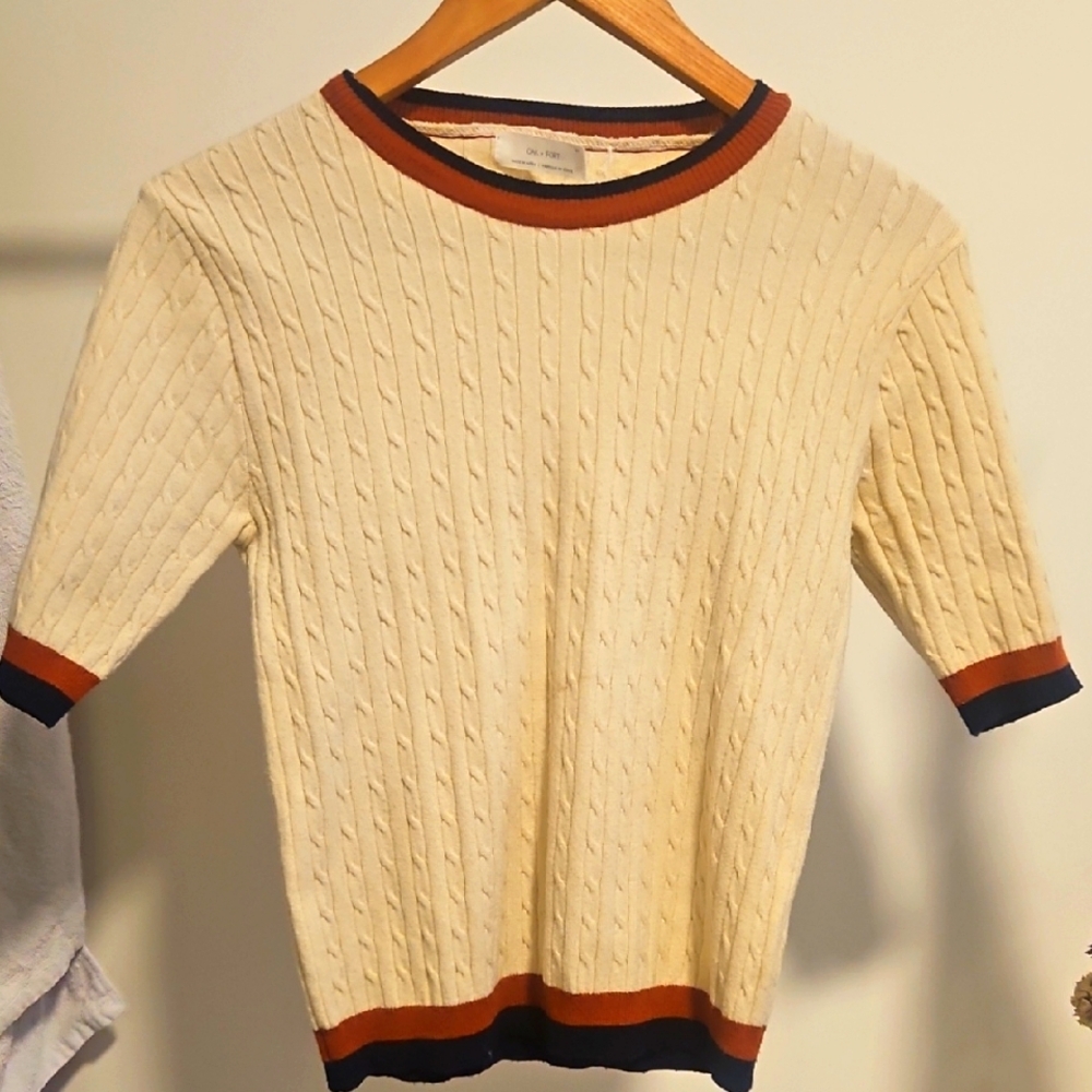 OAK + FORT Cable Knit Sweater with Red and Black Trim